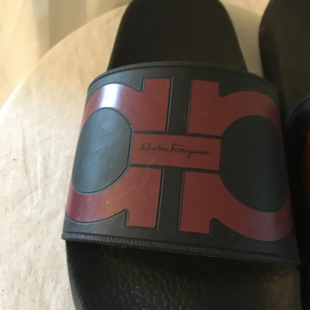 Salvatore Ferragamo Black and Red Slide Sandals
